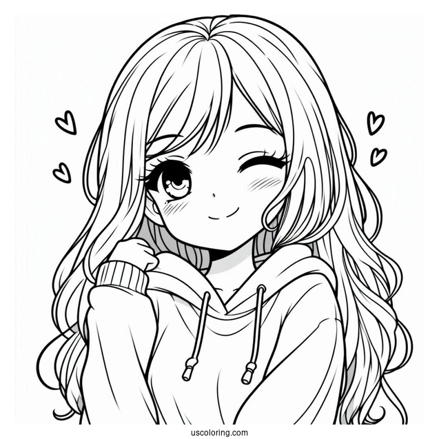 Cute Coloring Page Girl In Sweatshirt Winking