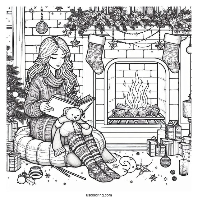 Christmas Coloring Pages For Adults Of Woman Sitting Beside The Fireplace With A Book On Christmas