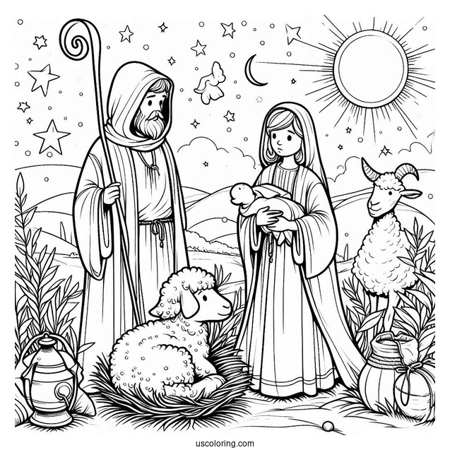 Adorable Nativity Coloring Page With A Shepherd And A Wise Man