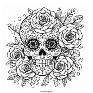 Easy Sugar Skulls Coloring Page Design With Roses On The Head