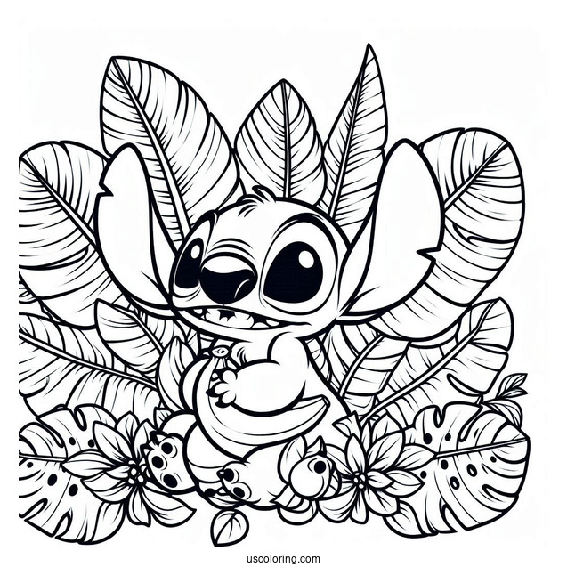 Coloring Page Of Lilo And Stitch With Banana Leaves