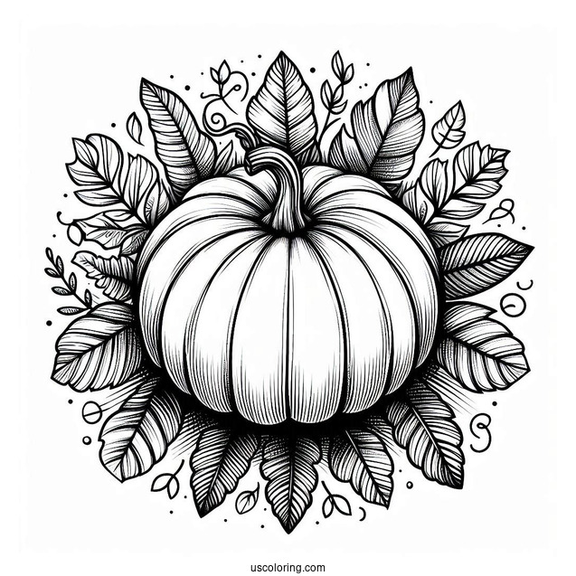 Top Of A Pumpkin Coloring Page Surrounded By Fall Leaves