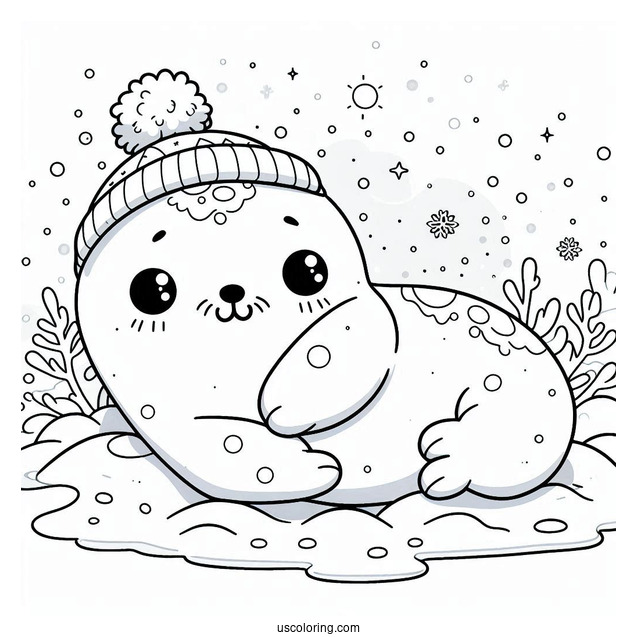 Kawaii Seal Coloring Page Lying On Snow