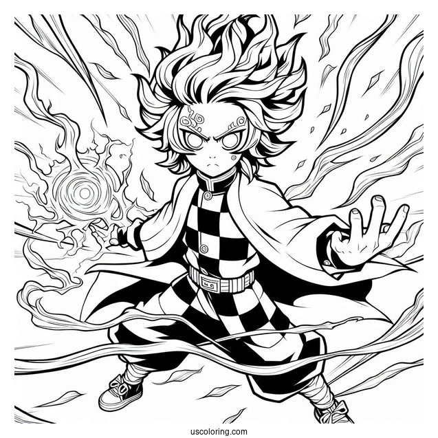 Tanjiro Coloring Page Using His Powers In Battle