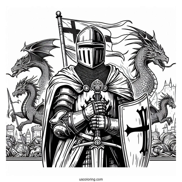 Crusader Knight With Dragons In Background