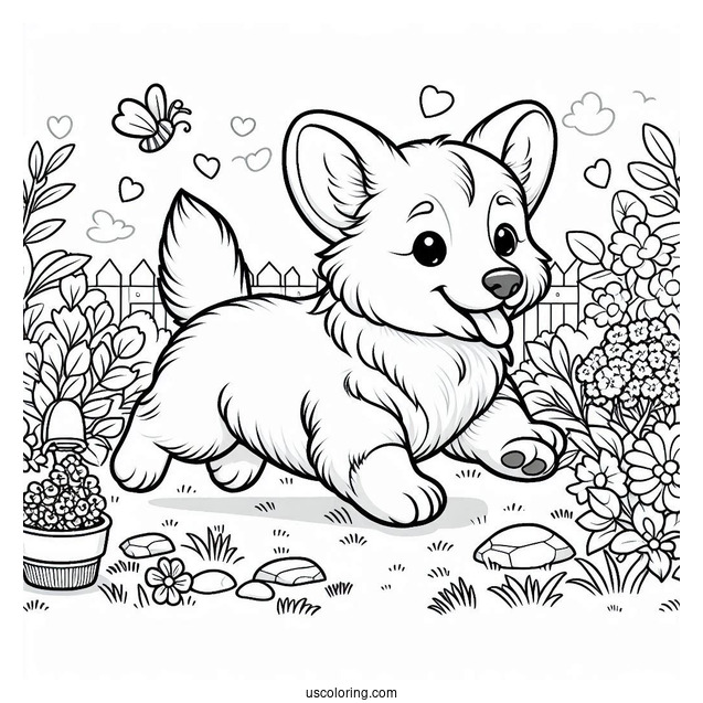 Puppy Corgi Coloring Page Running In Garden