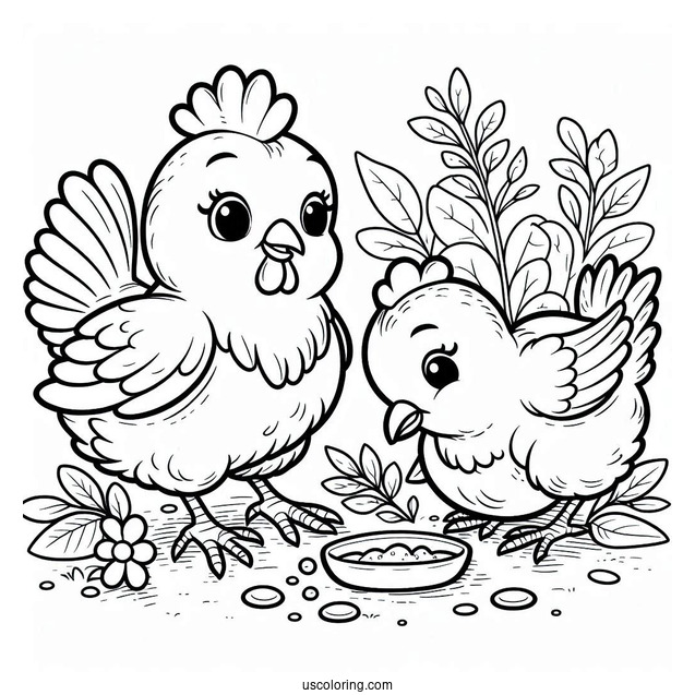 Two Cartoon Chickens Looking For Food
