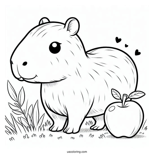 Easy Cute Capybara Coloring Page With An Apple On Its Head