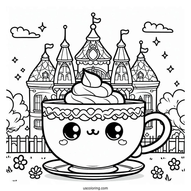 Palace Pets Coloring Page Of Kawaii Teacup In Front Of Palace For Kids