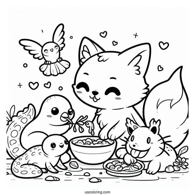 Kawaii Fox, Bird, Axolotl, And Cat Eating Together