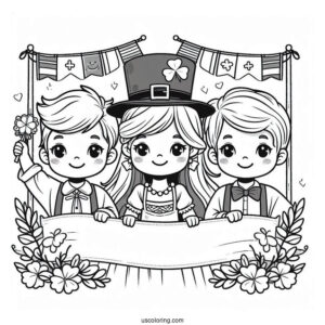 Three Children Holding Up A St. Patrick's Day Coloring Page Banner