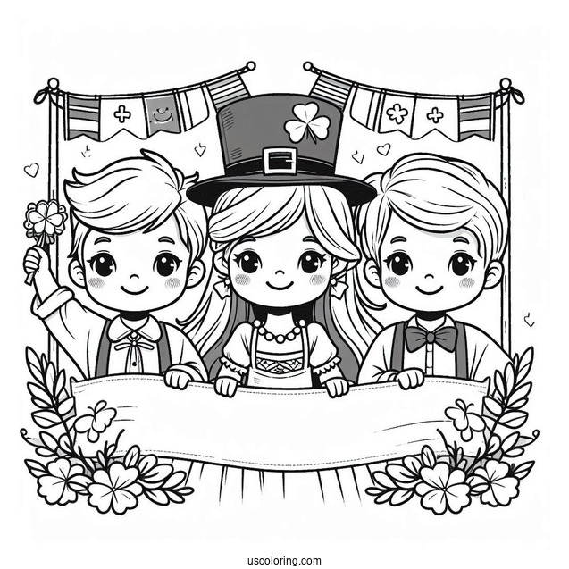 Three Children Holding Up A St. Patrick's Day Coloring Page Banner