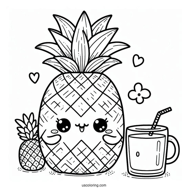 Smiling Pineapple Coloring Page Holding Milk Tea For Kids