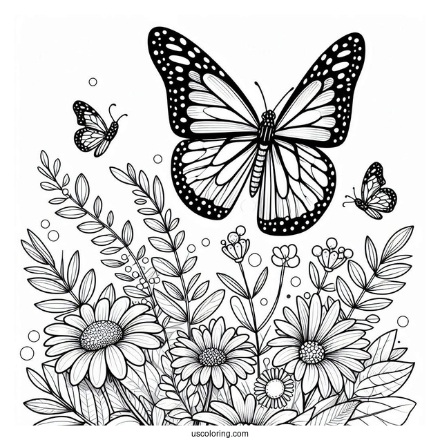 Monarch Butterfly Coloring Page Perched On Flowers