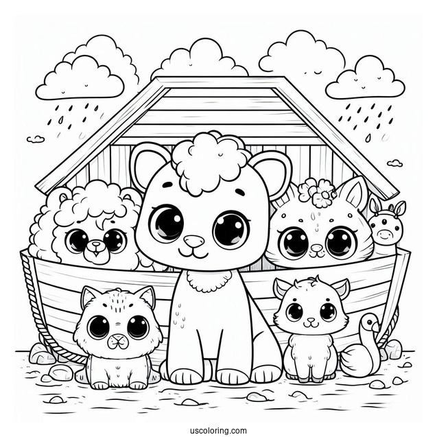 Kawaii Animals Looking Out Of Noah's Ark Coloring Page