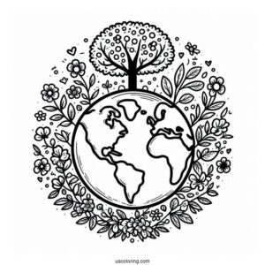 Tree And Flower Bushes Growing Around Earth Coloring Page