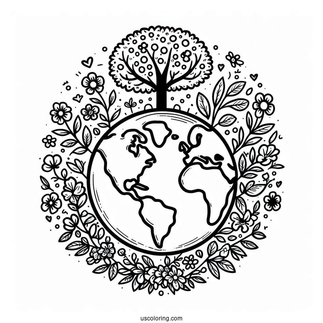 Tree And Flower Bushes Growing Around Earth Coloring Page