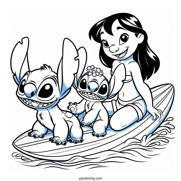 Lilo, Stitch, and Nani Pelekai Riding a Surfboard