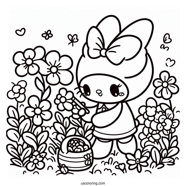 Kawaii My Melody Coloring Page Picking Flowers