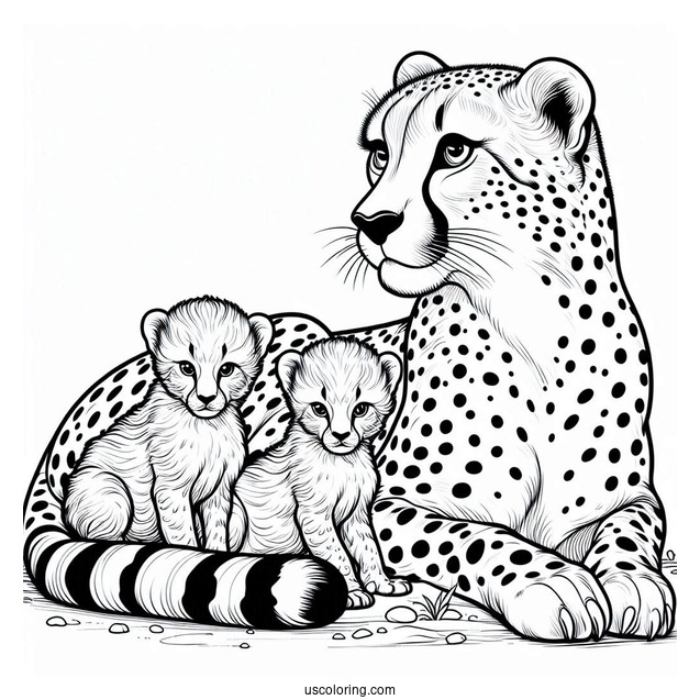 Mama Cheetah Coloring Page With Her Babies