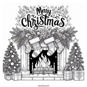 Christmas Coloring Pages For Adults Of Merry Christmas Words On Top Of Fireplace With Stockings