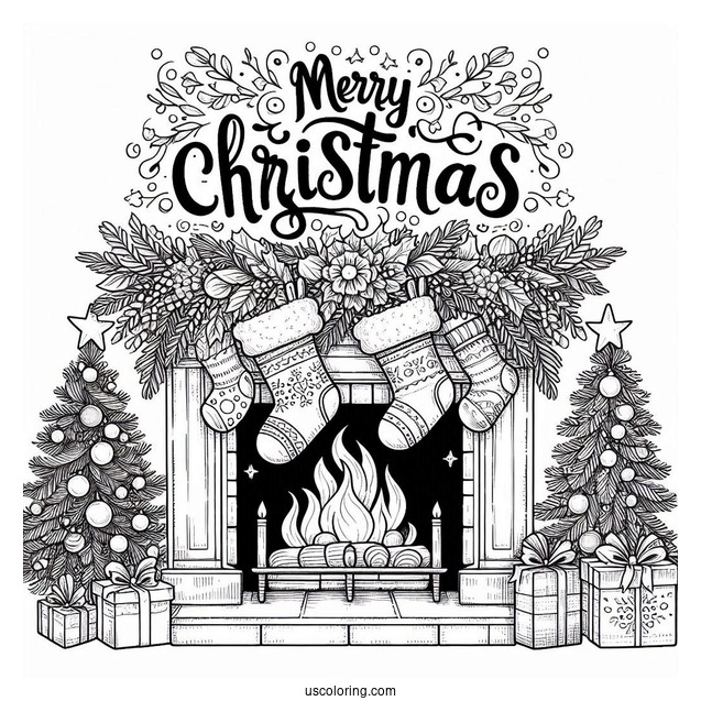 Christmas Coloring Pages For Adults Of Merry Christmas Words On Top Of Fireplace With Stockings