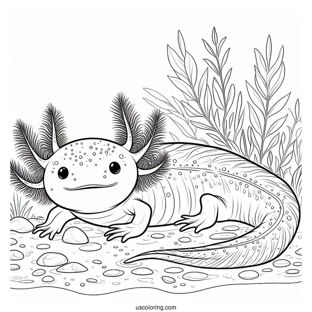 Large Axolotl Coloring Page Crawling On The Sea Floor