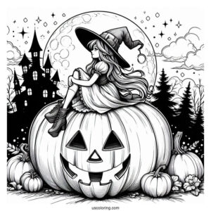 Pumpkin Coloring Page Witch Sitting On A Massive Jack O Lantern