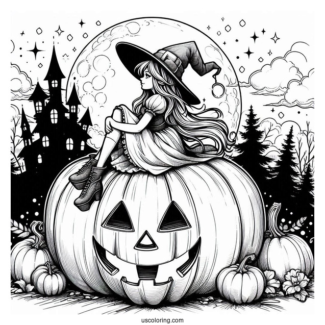 Pumpkin Coloring Page Witch Sitting On A Massive Jack O Lantern