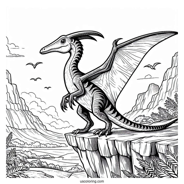 Pterodactyl Coloring Page Standing On Cliff