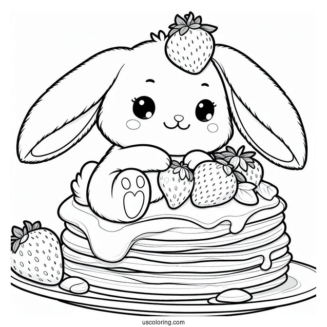 Adorable Bunny On Top Of Two Pancakes With Strawberries
