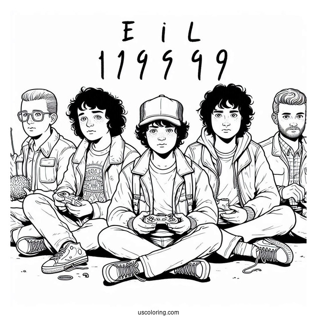 Coloring Sheet Of Dustin, Lucus, Will and Mike