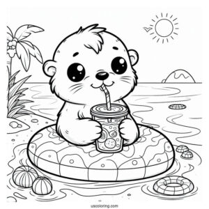 Cute Otter Coloring Page In Floater Drinking Iced Tea At Beach