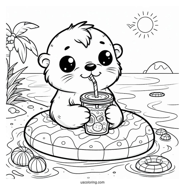 Cute Otter Coloring Page In Floater Drinking Iced Tea At Beach