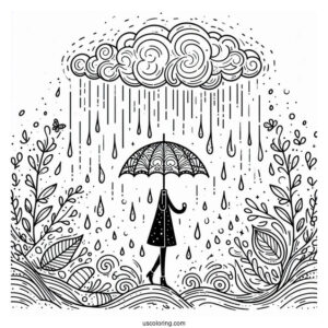 Rain Coloring Page Falling On Umbrella