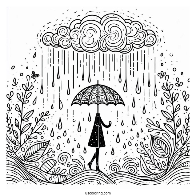 Rain Coloring Page Falling On Umbrella
