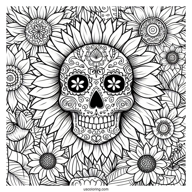 Sunflower Themed Sugar Skulls Coloring Page With Floral Background