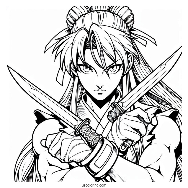 Street Fighter Coloring Page Of Ibuki Holding Kunai In Both Hands