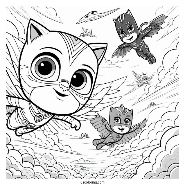 PJ Masks Coloring Page Of Catboy, Gekko, And Oweltte Flying In The Sky