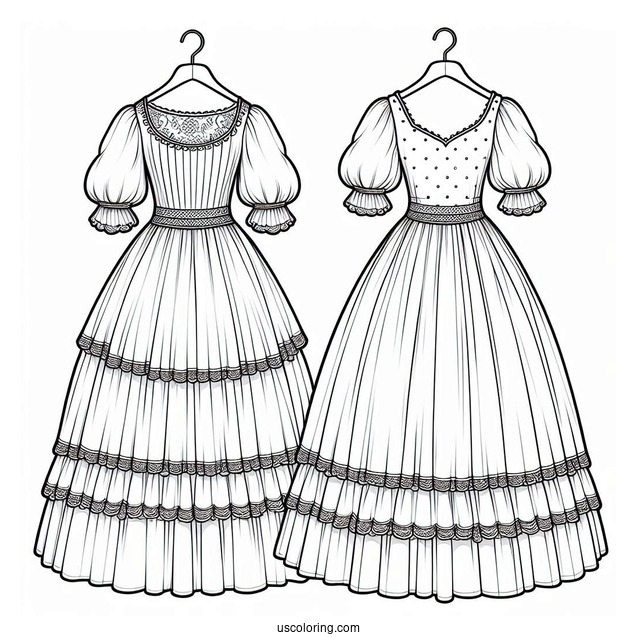 Long Dress Coloring Page With Puff Sleeves And Layered Skirt Coloring Page