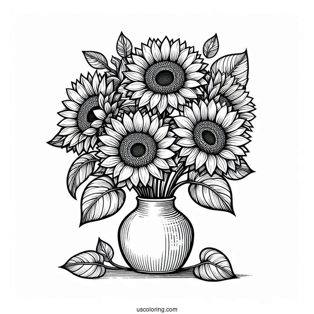 Detailed Sunflowers In Vase For Coloring