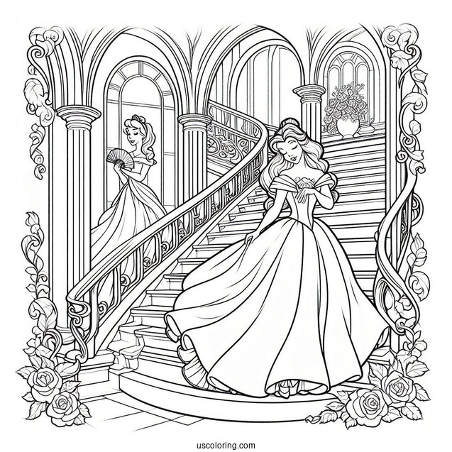 Sleeping Beauty Coloring Page On The Staircase With Belle Holding Fans