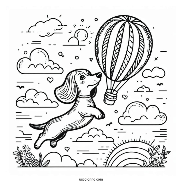 Dachshund Coloring Page Flying With Balloon In The Sky