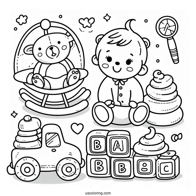 Baby Coloring Page Of Toys Alphabet Blocks And Rock A Stack