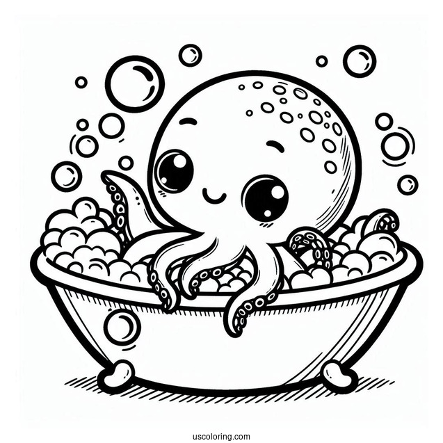Cute Baby Octopus Coloring Page Having Bubble Bath