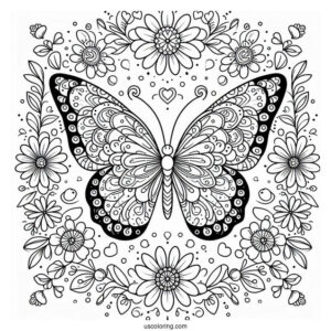 Butterfly Coloring Page On Pretty Flowers Inside A Floral Mandala
