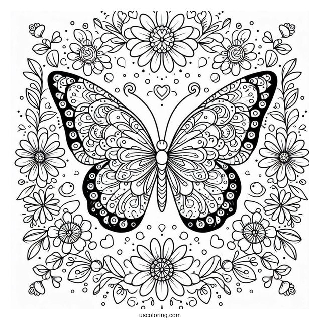Butterfly Coloring Page On Pretty Flowers Inside A Floral Mandala