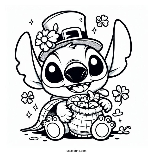 St. Patrick's Day Coloring Page Of Cute Stitch Dressed As A Leprechaun For Preschoolers