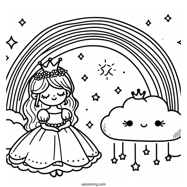 Happy Cloud Princess With Crown Coloring Page Under Rainbow and Stars