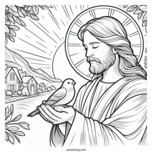 Peaceful Jesus Coloring Pages Holding A Bird For Kids